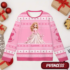 Personalized Princess Christmas Ugly Sweater – Custom Name Pink Fairytale Holiday Sweatshirt for Women