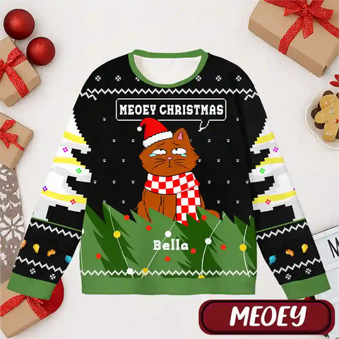 Custom Cat Christmas Ugly Sweater – Funny “Meowy Christmas” Holiday Sweatshirt with Pet Name