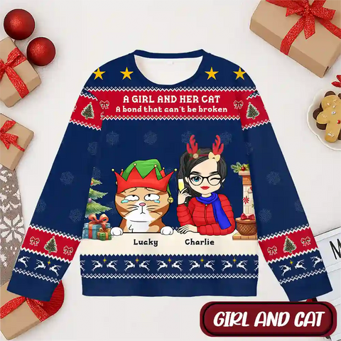 Personalized Cat Lover Christmas Sweater – “Just a Girl Who Loves Her Cats” & “A Girl and Her Cat” Custom Ugly Holiday Sweatshirt
