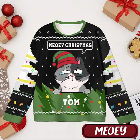 Customizable Cat Xmas Ugly Sweater – Cartoon Santa Cat Design with Personalized Name