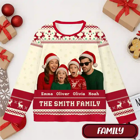 Custom Family Christmas Ugly Sweater – Personalized Holiday Sweatshirt with Funny Faces & Names