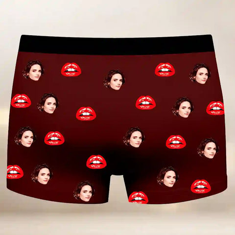 Funny Custom Face Boxer Briefs – Hug Me Underwear with Kiss Pattern, Gag Gift for Boyfriend or Husband