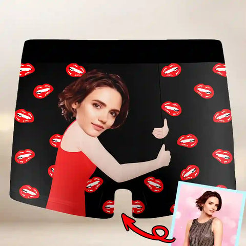 Personalized Hug Me Boxer Briefs – Custom Face Underwear with Kiss Pattern, Funny Gift for Boyfriend or Husband