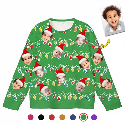 Custom Family Christmas Ugly Sweater – Personalized Holiday Sweatshirt with Colorful String Lights, Upload Family Photo with Santa Hats, Best Family Christmas Gift