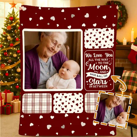 Customized Grandma Christmas flannel blanket with photos of grandchildren and grandma, a loving Christmas gift