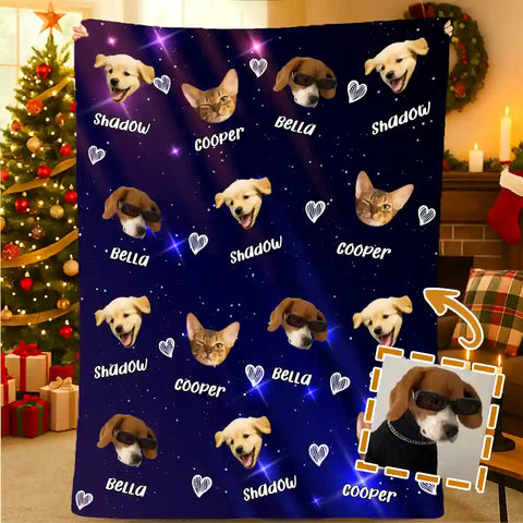 Custom Pet Photo Flannel Blanket – Personalized Dog & Cat Faces with Names, Cozy Starry Night Design