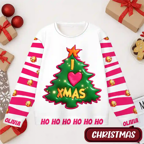 Custom Christmas Ugly Sweater – Personalized “I LOVE XMAS” Tree Design with Name