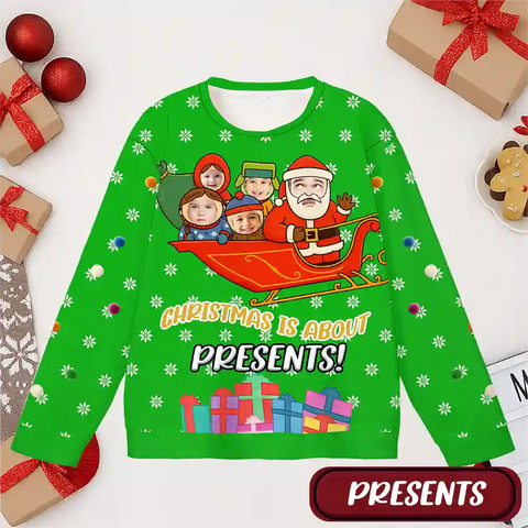 Custom Funny Santa Christmas Ugly Sweater – Personalized Holiday Sweatshirt with Kids’ Faces, Upload Photo, Unique Christmas Gift
