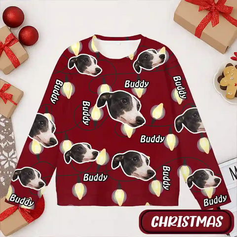 Unique Dog Lover Ugly Sweater – Pet Photo & Name with Bright Christmas Lights