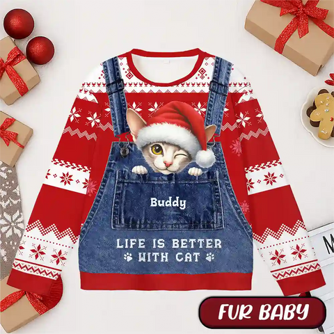 Custom Pet Christmas Ugly Sweater – Personalized Cat or Dog Design in Denim Overalls, “Life Is Better With Cat  And Dog” Festive Sweatshirt