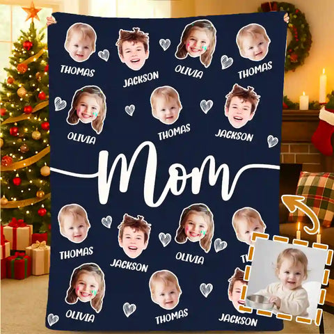 Custom Family Faces Blanket – Personalized Photo & Name Flannel Throw Gift for Mom, Grandma & Nana