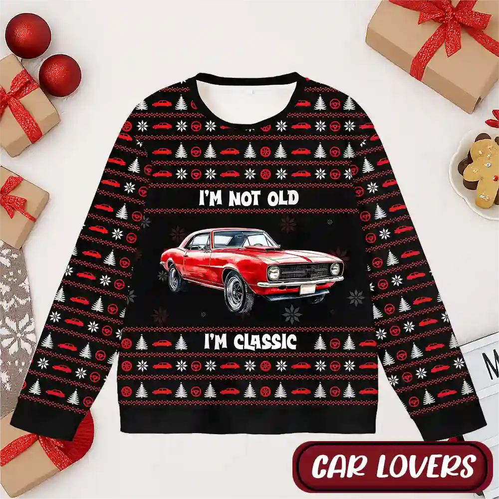 Classic Car Ugly Christmas Sweater – Funny Holiday Gift for Car Lovers