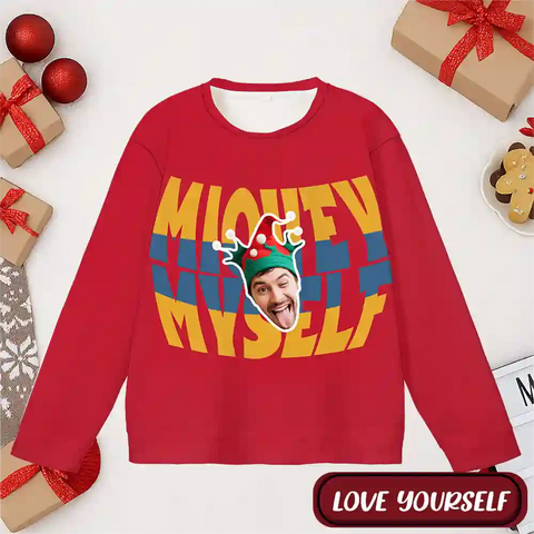 Unique Xmas Ugly Sweater – Personalized “I Love Myself” Holiday Sweatshirt with Custom Face Design, Funny Self-Love Christmas Gift
