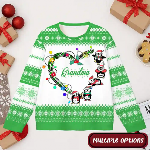 Custom Grandma Christmas Ugly Sweater – Personalized Holiday Sweatshirt with Kids as Penguins & Names, Unique Christmas Gift for Nana, Forever Love Keepsake