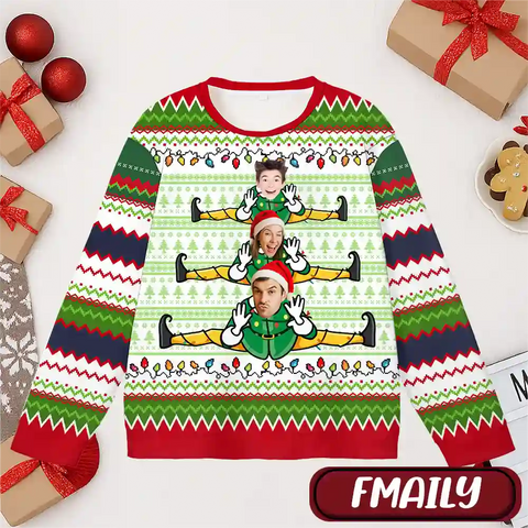 Personalized Elf Christmas Ugly Sweater – Upload Family Photos for a Hilarious Holiday Look