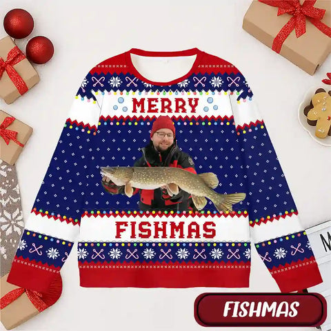 Custom Fishing Christmas Ugly Sweater – Personalized Holiday Sweatshirt with Photo, Best Gift for Fishing Lovers