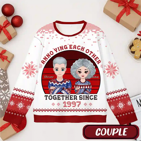 Custom Couple Christmas Ugly Sweater – Personalized Cartoon Design with Names & Anniversary Year