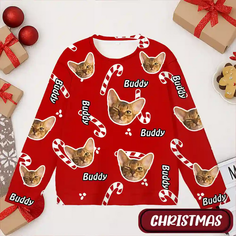 Personalized Pet Christmas Sweater – Custom Cat Face & Name Festive Design
