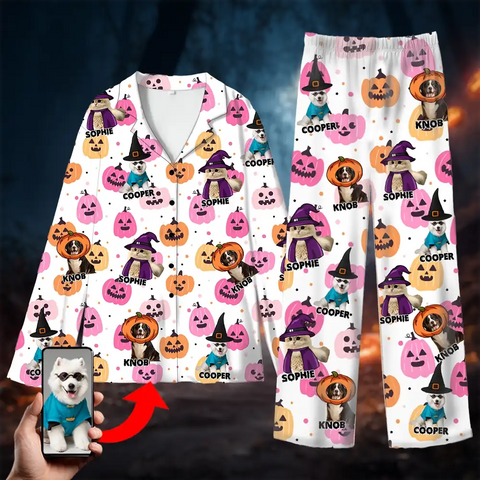 Custom Halloween Pet Pajamas – Personalized Dog & Cat Sleepwear with Photo & Name
