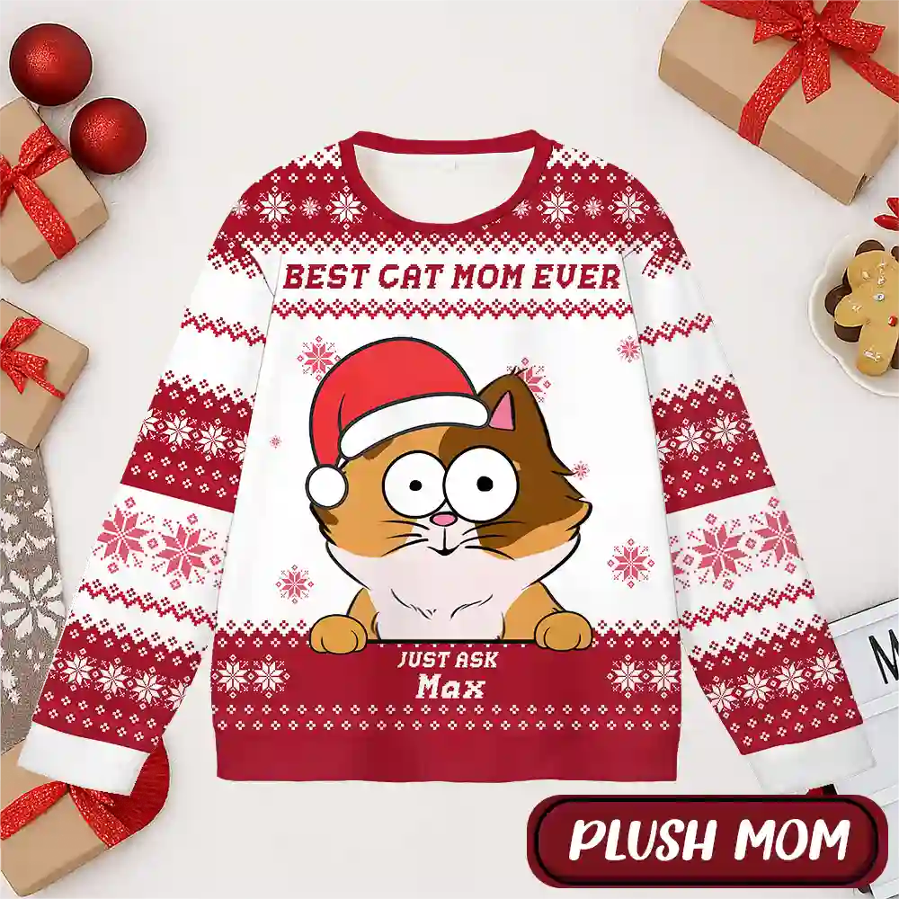 Custom Cat Christmas Ugly Sweater – Personalized Holiday Sweatshirt with Snowflake Pattern, Upload Pet Photo, Add Name, Best Gift for Cat Moms & Dads