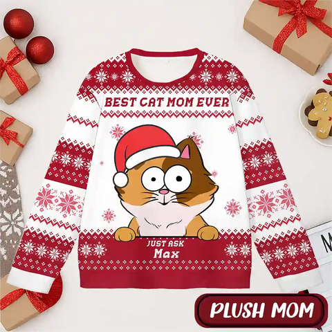 Custom Cat Christmas Ugly Sweater – Personalized Holiday Sweatshirt with Snowflake Pattern, Upload Pet Photo, Add Name, Best Gift for Cat Moms & Dads