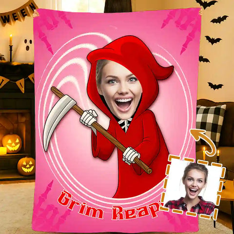 Personalized Grim Reaper Photo Blanket – Custom Scythe Design with Your Pet or Portrait