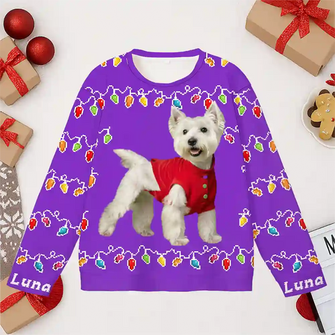 Custom Dog Christmas Ugly Sweater – Personalized Holiday Sweatshirt with String Lights, Upload Your Pet Photo, Celebrate Christmas Together