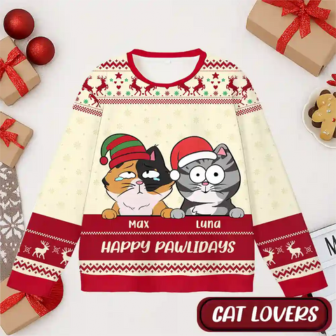Custom “Happy Pawlidays” Cat Ugly Christmas Sweater – Personalized Pet Name Holiday Gift for Cat Lovers