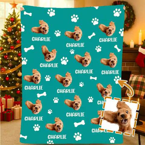 Custom Pet Photo & Name Blanket – Personalized Flannel Throw with Dog Face Pattern，Chrismas Gifts