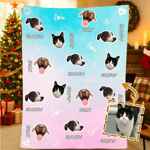 Personalized Pet Face Blanket – Custom Dog & Cat Name Flannel Throw Gift for Pet Lovers