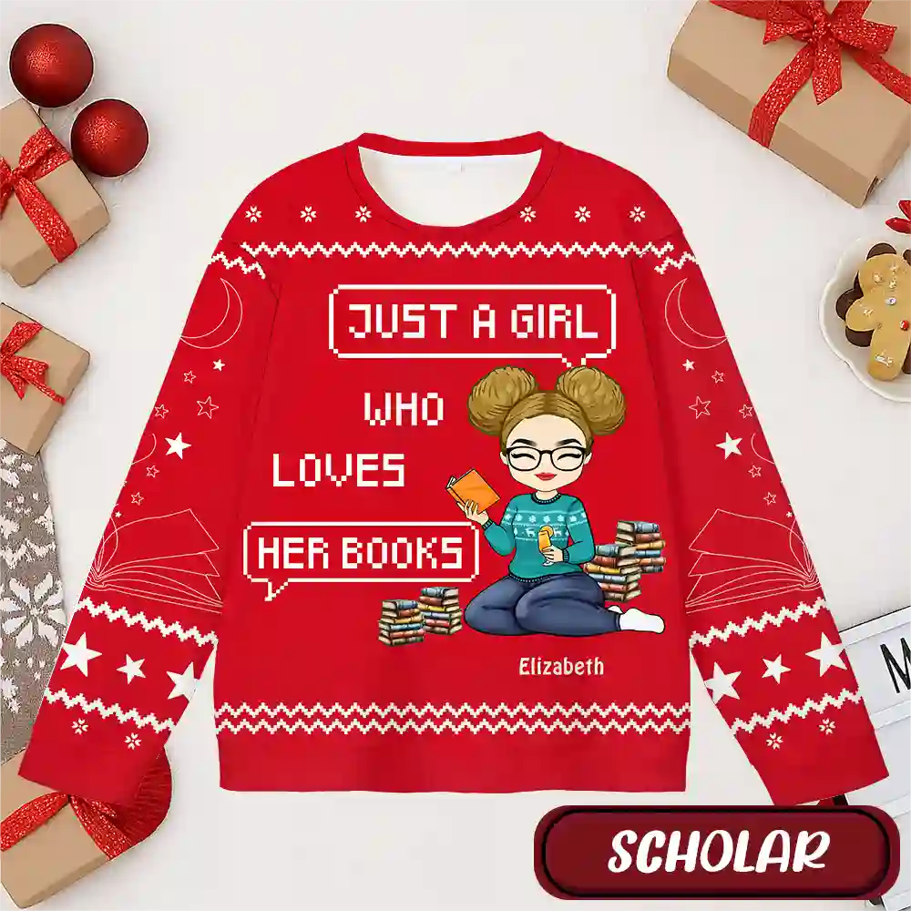 Custom Book Lover Ugly Christmas Sweater – Personalized Name Reading Girl Holiday Sweatshirt