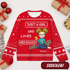 Custom Book Lover Ugly Christmas Sweater – Personalized Name Reading Girl Holiday Sweatshirt