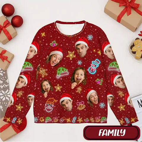Custom Family Christmas Ugly Sweater – Personalized Holiday Sweatshirt with Neon Accents, Upload Family Photo, Best Christmas Gift