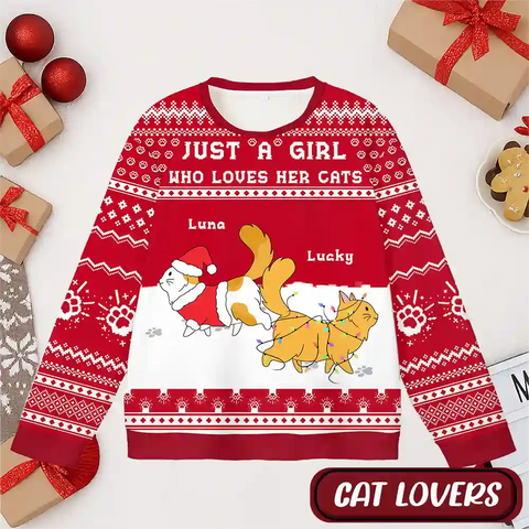 Just A Girl Who Loves Her Cats – Personalized Cat Lover Ugly Christmas Sweater
