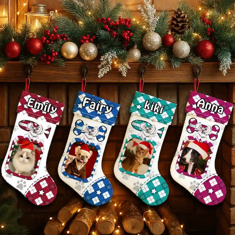 Custom Dog & Cat Christmas Stocking – Upload Pet Photo & Name, Personalized Holiday Keepsake