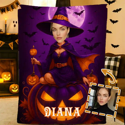 Custom Witch Queen Pumpkin Throne Photo Blanket – Personalized Portrait Flannel