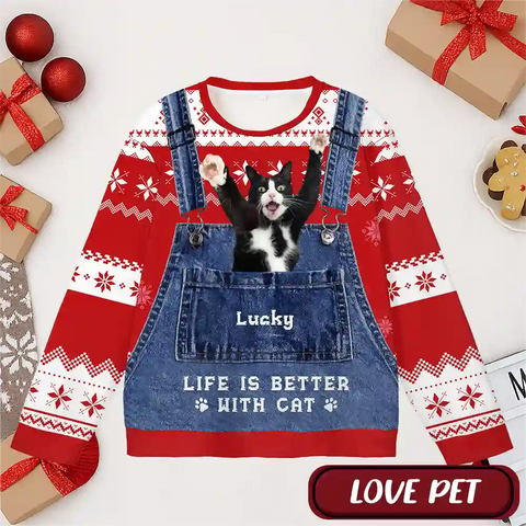 Custom Pet Christmas Ugly Sweater – Personalized “Life Is Better With Dog/Cat” Holiday Sweatshirt with Photo & Name