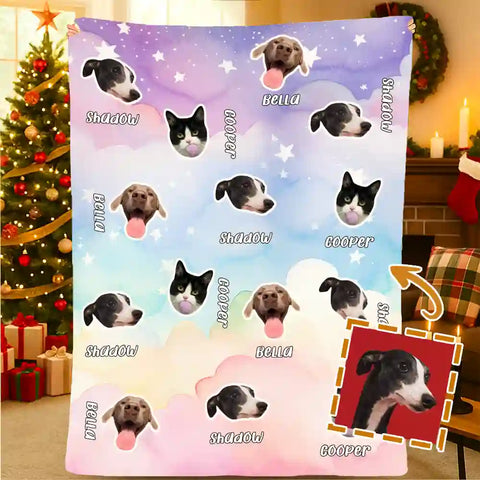 Custom Pet Photo Flannel Blanket – Personalized Dog & Cat Faces with Names, Dreamy Cloud & Star Design