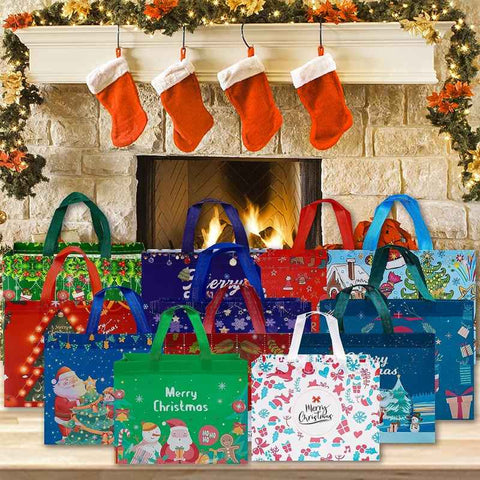 Large Reusable Christmas Gift Bags – Non-Woven Tote Bags for Xmas Party, New Year Gifts & Holiday Shopping (12.8"×9.8"×6.7")