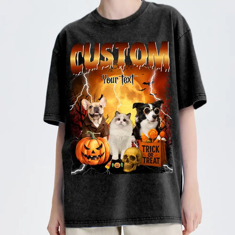 Custom Bootleg Halloween T-Shirt – Personalized Pet Photo & Name, Vintage Dog Graphic Tee, One-of-a-Kind Halloween Gift