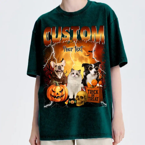 Custom Bootleg Halloween T-Shirt – Personalized Pet Photo & Name, Vintage Dog Graphic Tee, One-of-a-Kind Halloween Gift