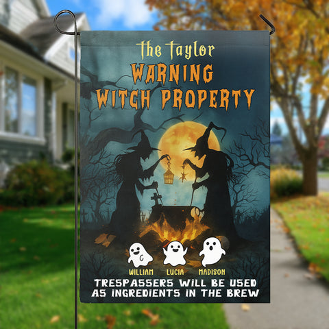 Personalized Halloween Flag – Witch & Cute Ghost Family Banner