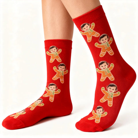 Custom Christmas Face Socks – Personalized Photo Gingerbread Style