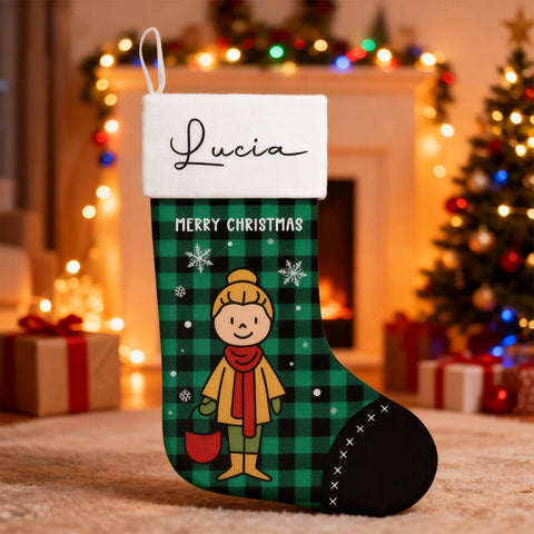 Personalized Christmas stockings with custom cartoon family character designs