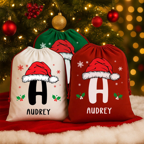 Personalized Christmas Gift Bag with Santa Hat Initial and Name