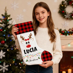 Personalized Reindeer Christmas Stocking with Name - Buffalo Plaid Style