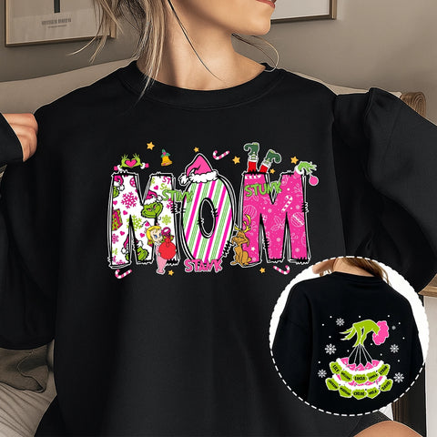 Custom Grinch Mom Christmas Sweatshirt with Kids’ Names – Double-Sided Design