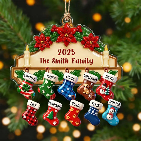 Personalized family name Christmas stocking acrylic ornaments