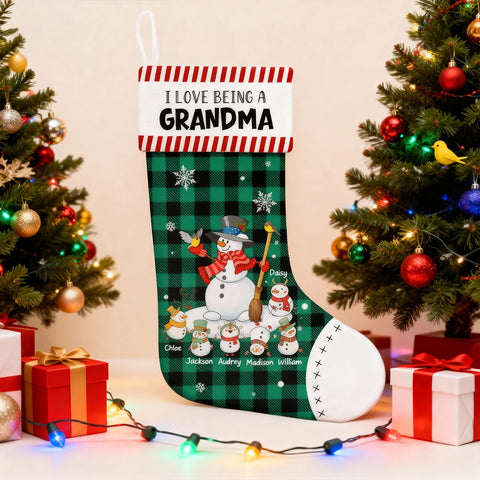 Custom "I Love Being A Grandma" Christmas Stocking with Snowman Family and Grandkids' Names