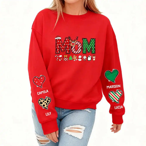 Personalized MUM Christmas Sweatshirt – Custom Hearts and Names on Sleeves